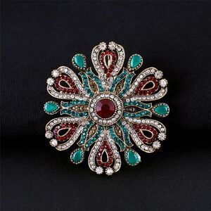 Baroque Flower Red, Green & Clear Rhinestones Round Brooch Sparkle Gold Tone